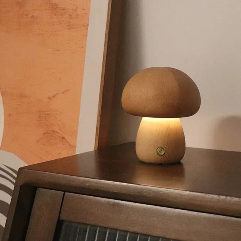 Cute Mushroom LED Night Light Wooden Bedside Table Lamp with Touch Switch Room Decoration High-level Environmental Mushroom Lamp