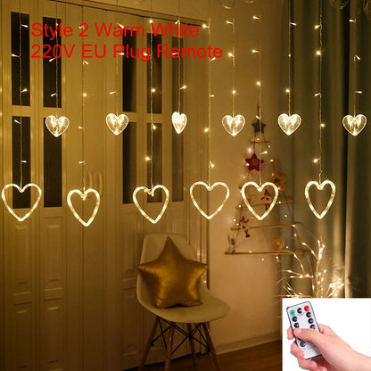 Garland Curtain EU/US Led Heart Shaped Christmas Ramadan Decoration Fairy String Lights for Party Home Wedding New Year Decor