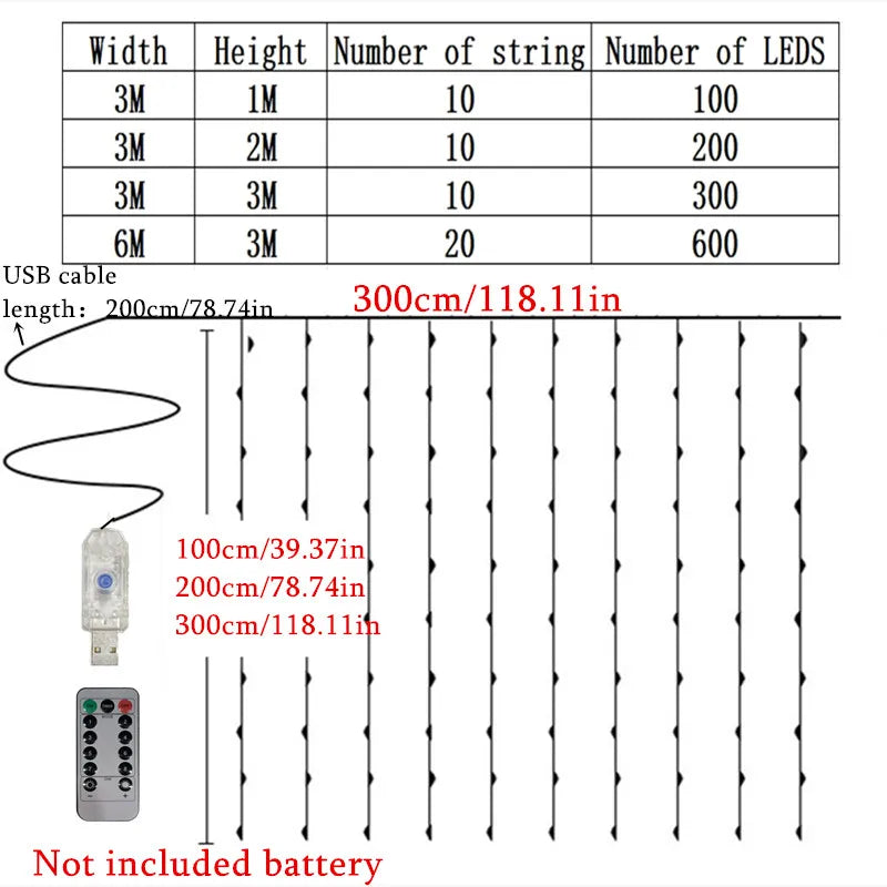 Remote Control 8 Mode USB LED Curtain Garland String Lights 3/6M Fairy Light Christmas Wedding Party Decorations Holiday Deocr