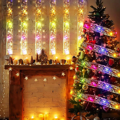 Christmas Tree Ribbon String Lights Battery Powered Ribbon Bows Lights For Gift Wrapping Indoor Christmas Decorations Lights