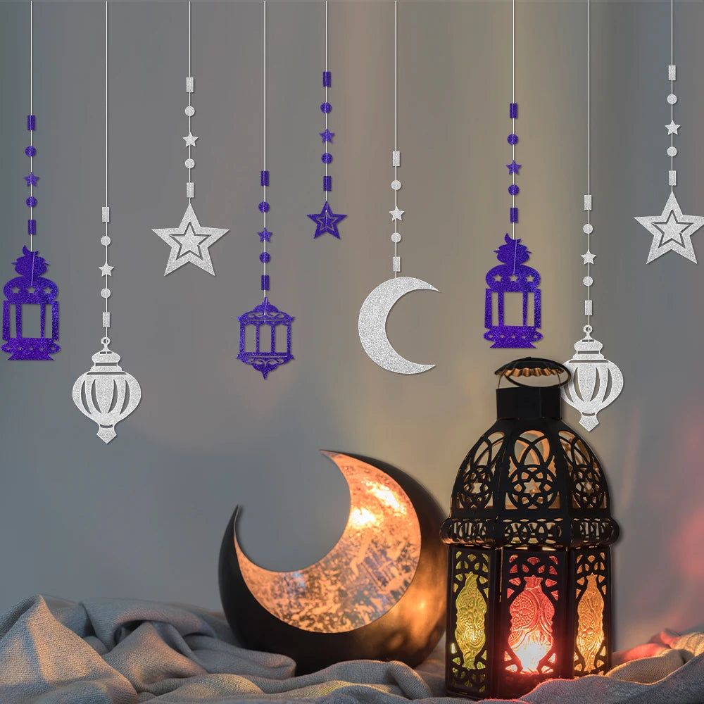 EID Mubarak Swirl Banner Gold Star Moon Lantern Ceiling Hanging Streamer Ornament Ramadan Decor 2025 Islam Muslim Party Supplies