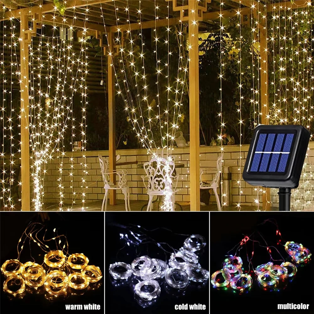 Solar Curtain Lights LED Solar Outdoor Waterproof Fairy lights With 8 Modes For Bedroom Window Patio Wedding Holiday Decorative