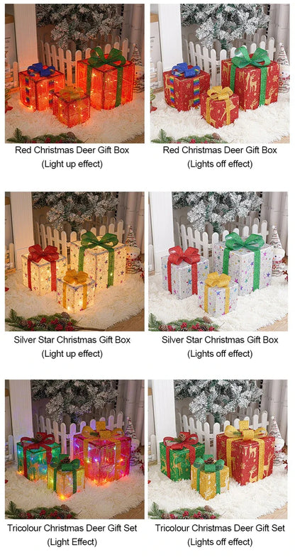 3Pcs/Set LED Christmas Gift Box Light Battery Powered Festive Decor Gift Case Home Outdoor Christmas Xmas Tree Wedding Ornament