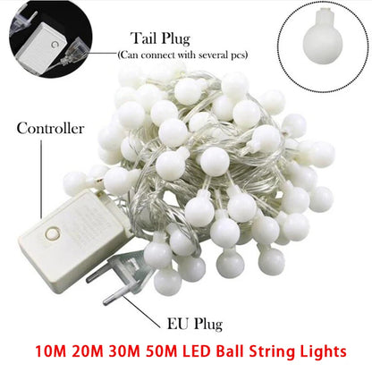 10/20/30/50m Ball LED String Lights Christmas Garland Lights Waterproof Outdoor Fairy Light Bulb For Wedding Garden Party Decor