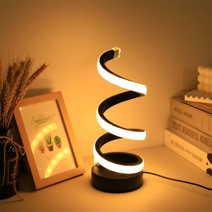 Modern LED table light with USB - adjustable brightness, warm white light, spiral design, suitable for bedroom, living room, off