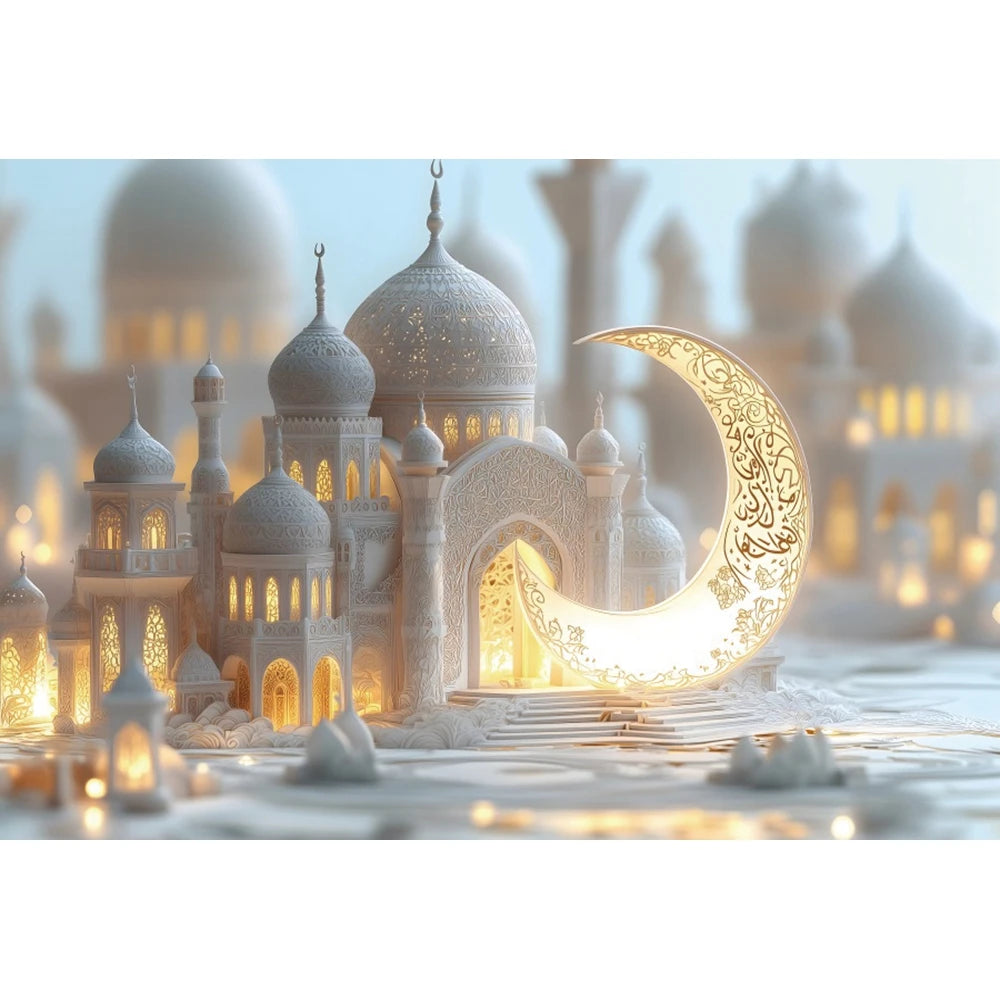 Eid Mubarak Backdrop Islamic Mosque Ramadan Aladdin Moroccan Golden Moon Lantern 2025Muslim Kareem Al Fitr Festival Photo Banner