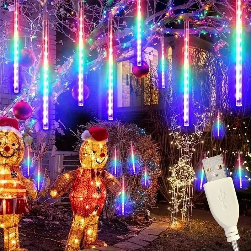 Christmas Lights Outdoor Icicle Lights Snowfall Meteor Shower Rain Light Christmas Decoration Falling Drop String Light 8 Tubes