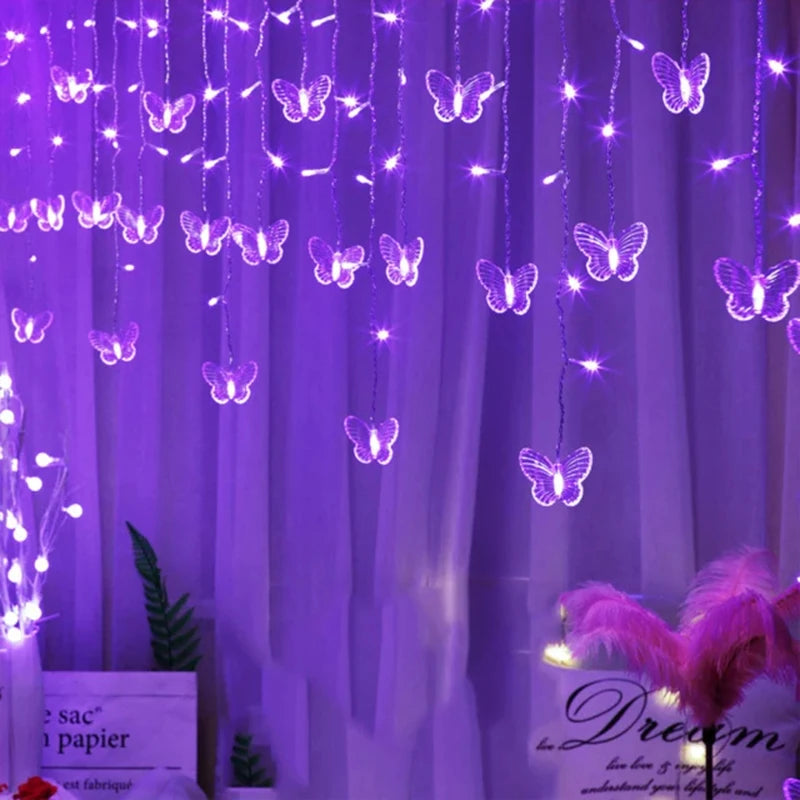 Purple LED Butterfly Icicle Curtain Garland Fairy Lights for Valentine's Day Room Wedding Birthday Party Christmas Decoration