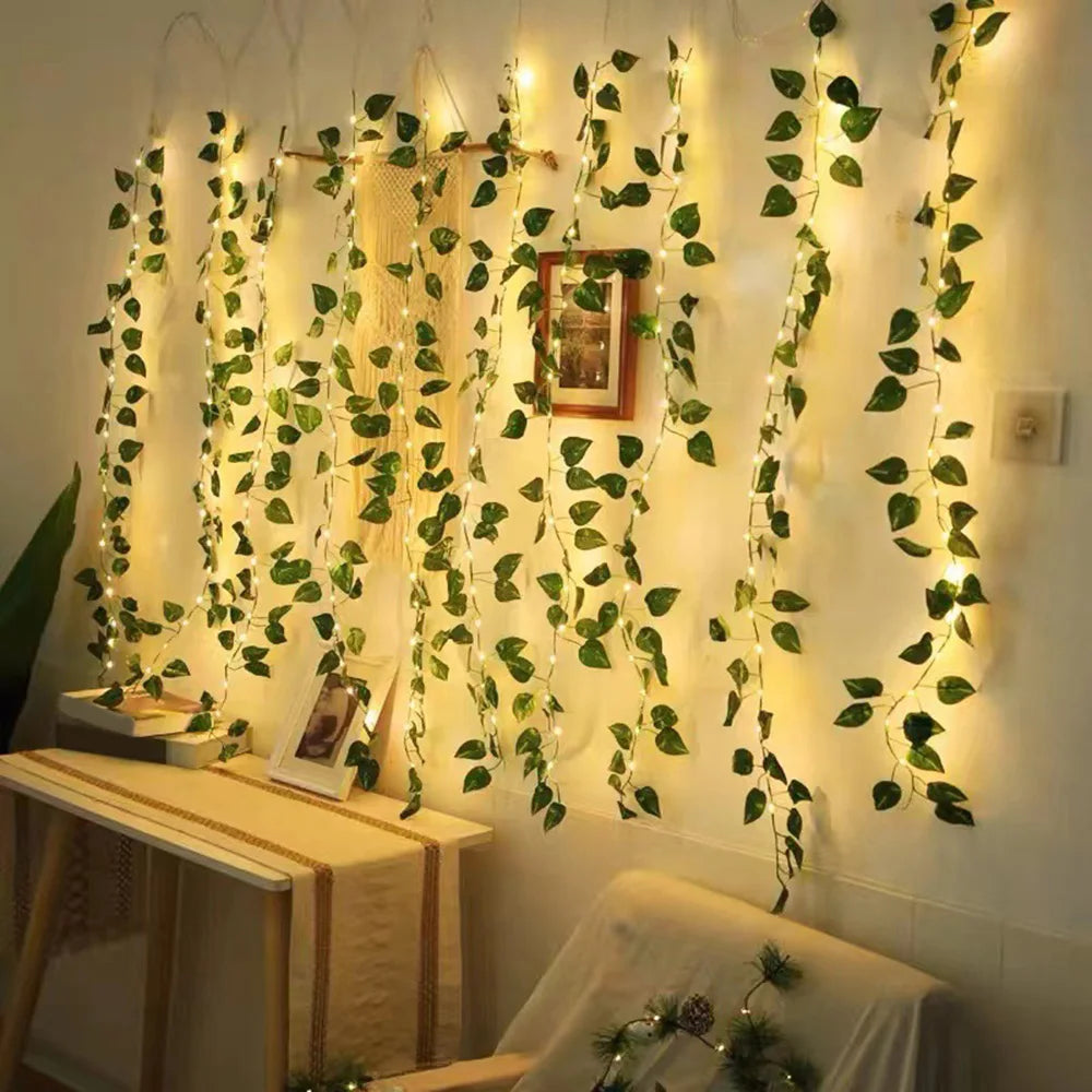 Green Leaf Garland String Lights Artificial Vine Fairy Lights Battery Operated Hanging Curtain Lights for Wedding Party Decor