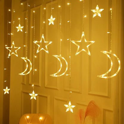 3.5M Romantic Moon Star LED Curtain String Christmas Garland Fairy Light Outdoor Garden Wedding Christmas Holiday Home Decor