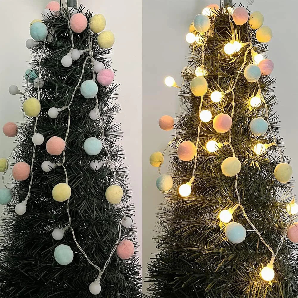 20LED Christmas Fairy Pompoms Balls String Lights Battery Powered Colorful Globe Garland Lights Garden Wedding Party Decoration