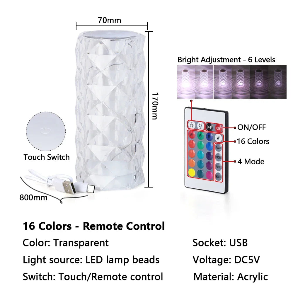 16 Colors Touch Remote Diamond Rose LED Crystal Lamps