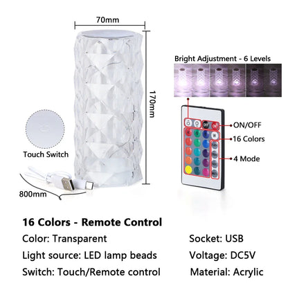 16 Colors Touch Remote Diamond Rose LED Crystal Lamps