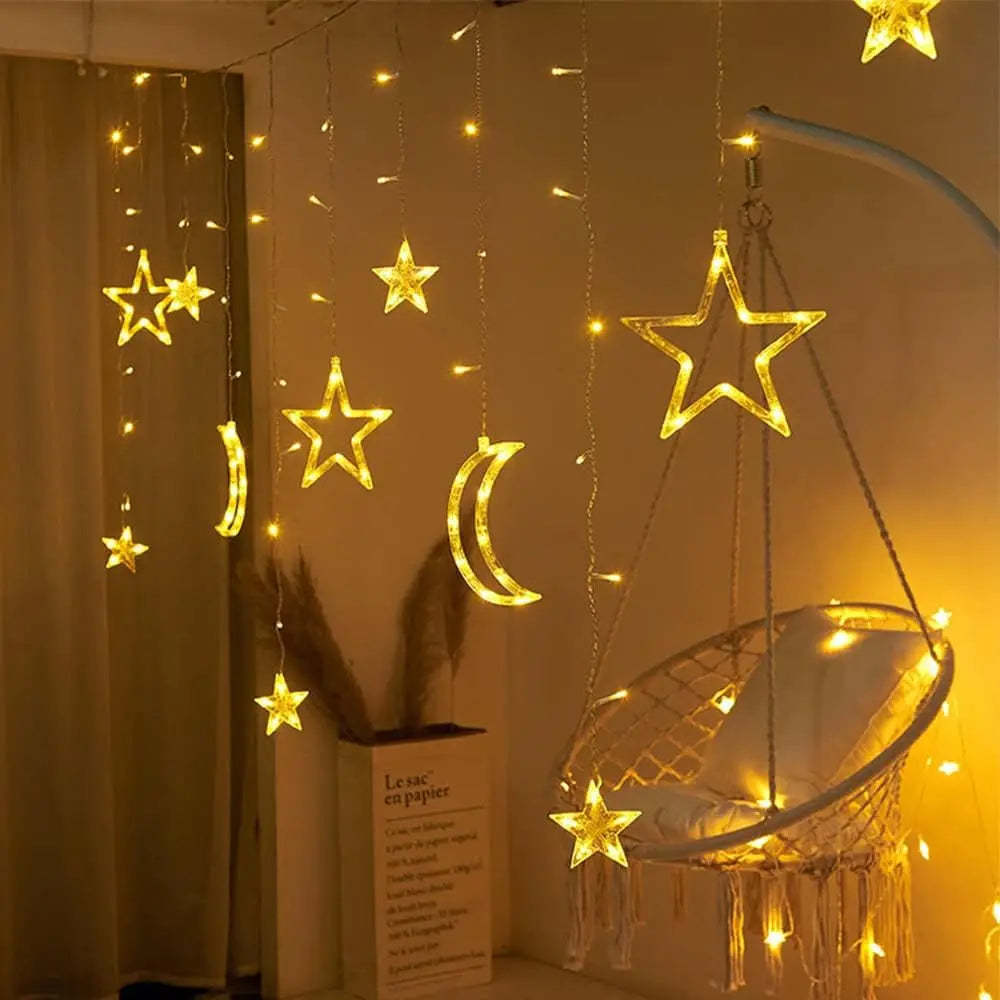 Solar Battery Star Moon String Light LED Curtain Light 8 Modes Christmas Garland Fairy Lamp for Wedding Party Xmas NewYear Decor