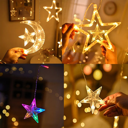 Ramadan Decoration 2025 Star Moon Curtain Garland String Light Aid EID Mubarak for Home Arabic Islam Muslim Event Party Supplies