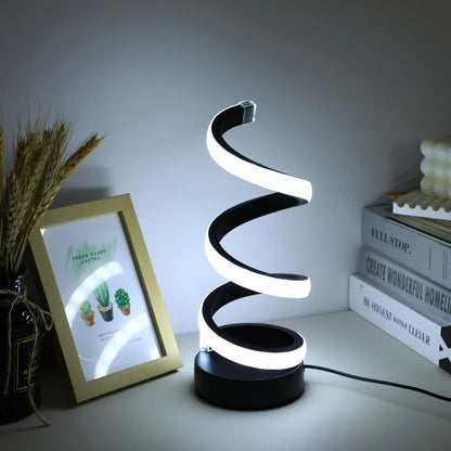 Modern LED table light with USB - adjustable brightness, warm white light, spiral design, suitable for bedroom, living room, off