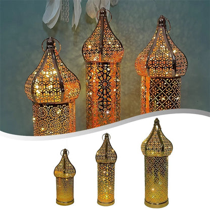 Moroccan Golden Hollow Iron Lantern Ramadan Home Decor Light Ornaments Hanging Lamps Outdoor Yard Garden Art Decoration