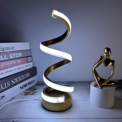 Modern LED table light with USB - adjustable brightness, warm white light, spiral design, suitable for bedroom, living room, off