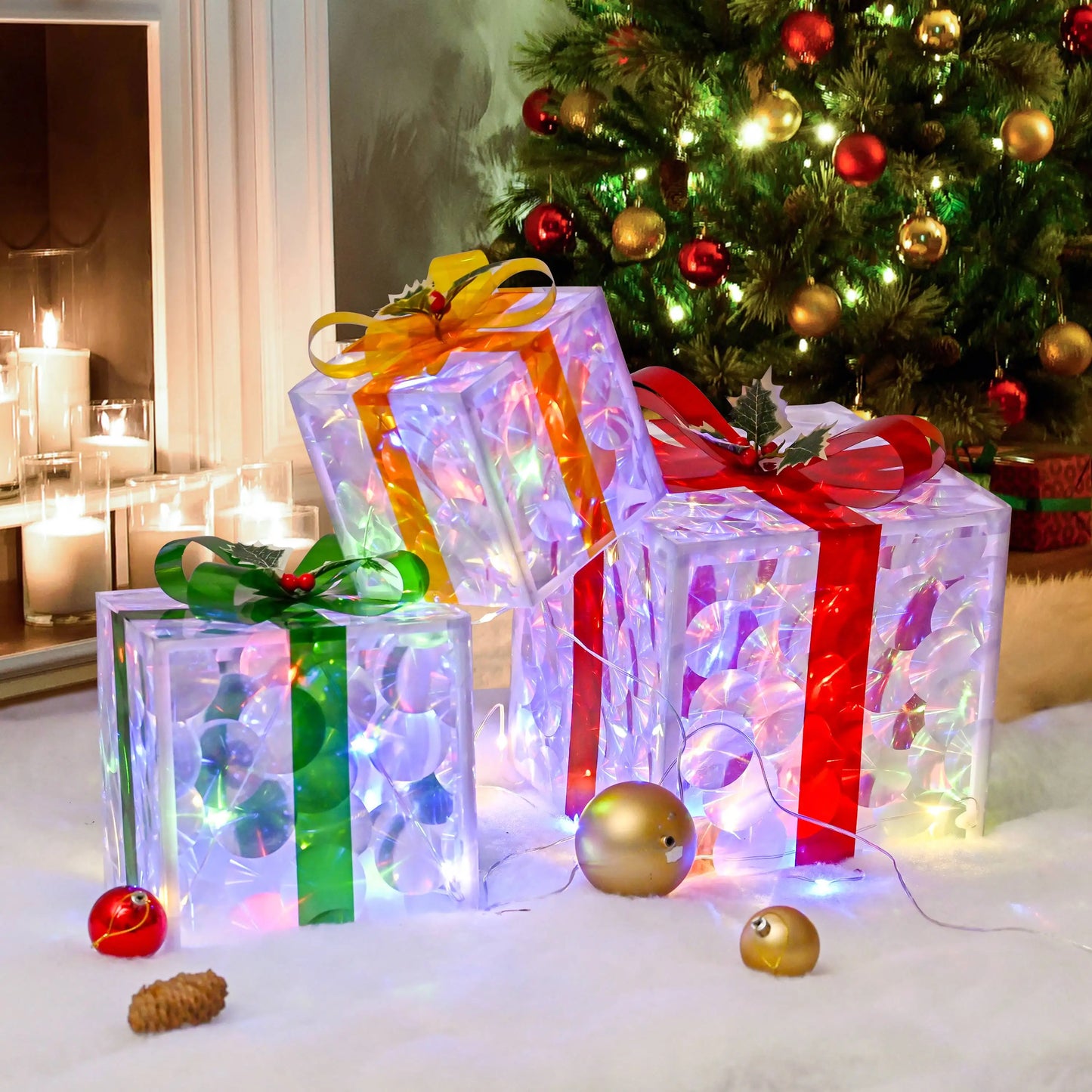 Set of 3 Christmas 48 LED Lighted Gift Boxes Transparent Four Color Lighted Christmas Box Decrations