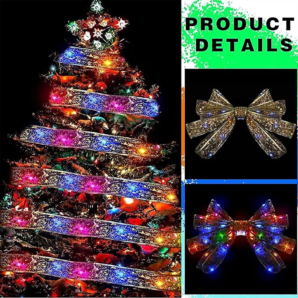 Christmas Tree Ribbon String Lights Battery Powered Ribbon Bows Lights For Gift Wrapping Indoor Christmas Decorations Lights