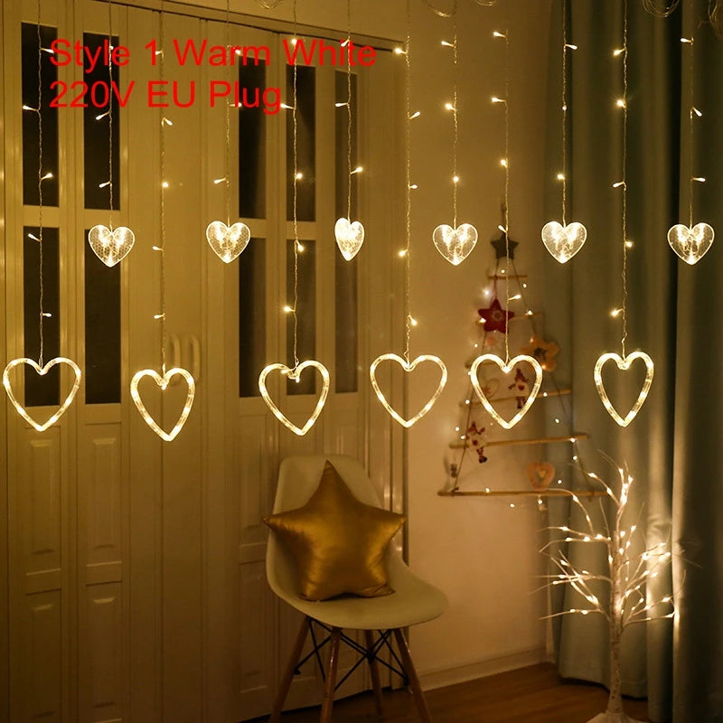 Garland Curtain EU/US Led Heart Shaped Christmas Ramadan Decoration Fairy String Lights for Party Home Wedding New Year Decor