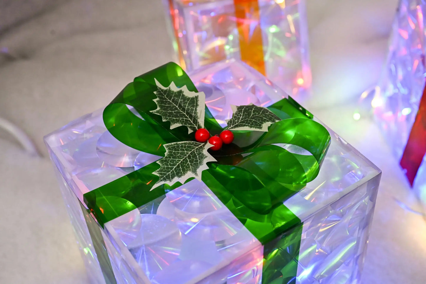 Set of 3 Christmas 48 LED Lighted Gift Boxes Transparent Four Color Lighted Christmas Box Decrations