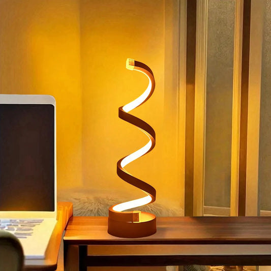 Modern LED table light with USB - adjustable brightness, warm white light, spiral design, suitable for bedroom, living room, off