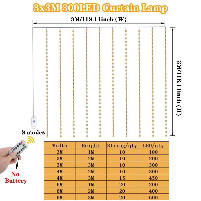 LED Garland Curtain Lights 8 Modes USB Remote Control Fairy Lights String Wedding Christmas Decor for Home Bedroom New Year Lamp