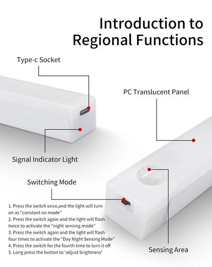 LED Motion Sensor Night Light USB Rechargeable Bar Lights For Bedroom Wardrobe Hallway Staircase Under Cabinet Lighting