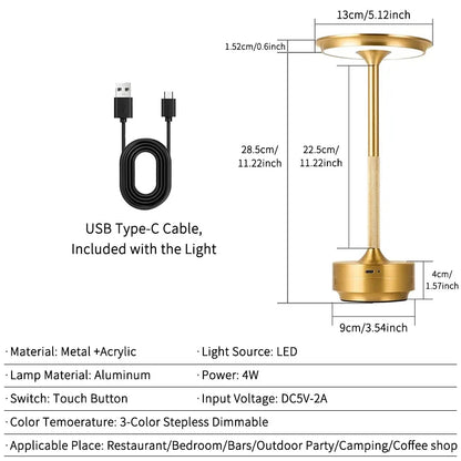 Rechargeable Wireless Table Lamp for Bedroom, Rechargeable, Touch Lamp, Camping Candle, Creative, USB-C, Desk Lamp