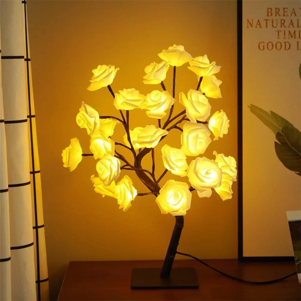 24LED Table Lamp Rose Flower Tree USB Night Lights Christmas Decoration Gift for Kids Room Rose Flower Lighting Home Decoration