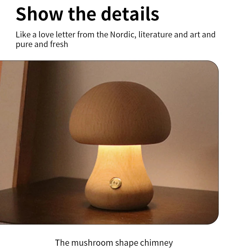 Cute Mushroom LED Night Light Wooden Bedside Table Lamp with Touch Switch Room Decoration High-level Environmental Mushroom Lamp