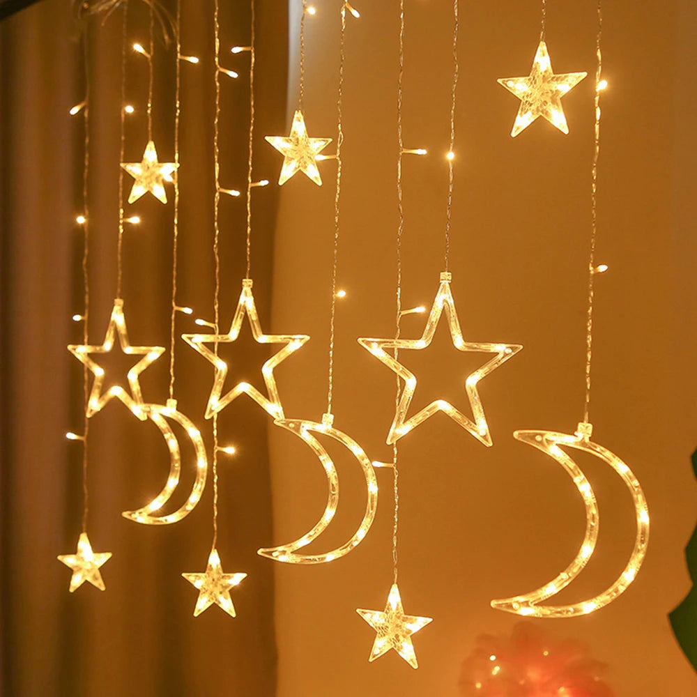 3.5M Warm White Moon Stars Curtain String Lights Icicle LED Light 8 Modes Waterproof for Room Home Wedding Party Decoration