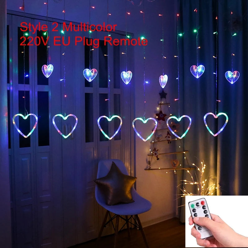 Garland Curtain EU/US Led Heart Shaped Christmas Ramadan Decoration Fairy String Lights for Party Home Wedding New Year Decor