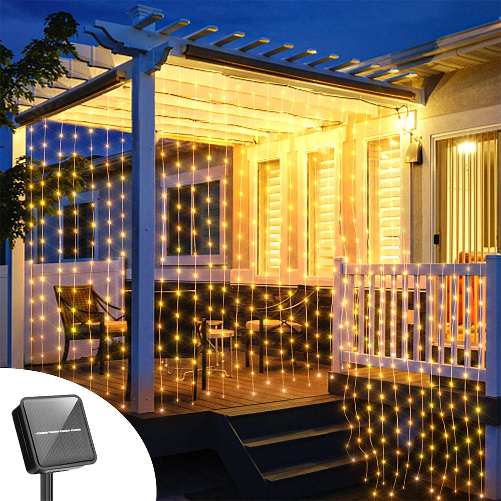 Solar Powered Curtain Lights Outdoor Waterproof  Decoration 8 Lighting Modes Curtain Fairy Lights Garden Christmas Decor Lights