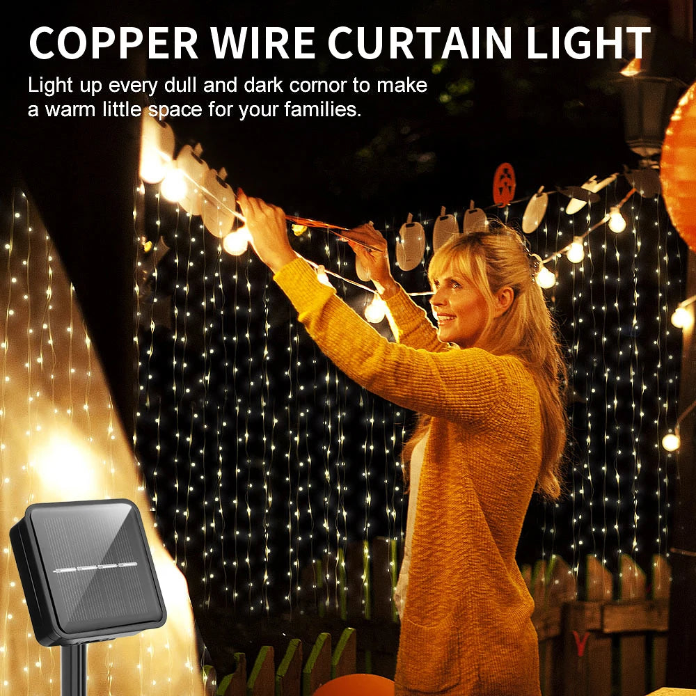 Solar Curtain Lights LED Solar Outdoor Waterproof Fairy lights With 8 Modes For Bedroom Window Patio Wedding Holiday Decorative