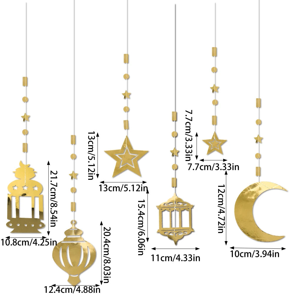 EID Mubarak Swirl Banner Gold Star Moon Lantern Ceiling Hanging Streamer Ornament Ramadan Decor 2025 Islam Muslim Party Supplies