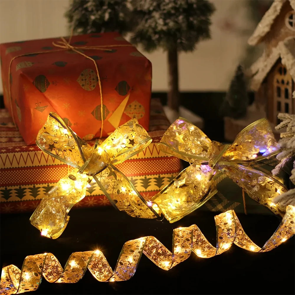 Christmas Tree Ribbon String Lights Battery Powered Ribbon Bows Lights For Gift Wrapping Indoor Christmas Decorations Lights