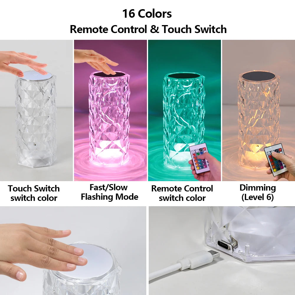 16 Colors Touch Remote Diamond Rose LED Crystal Lamps