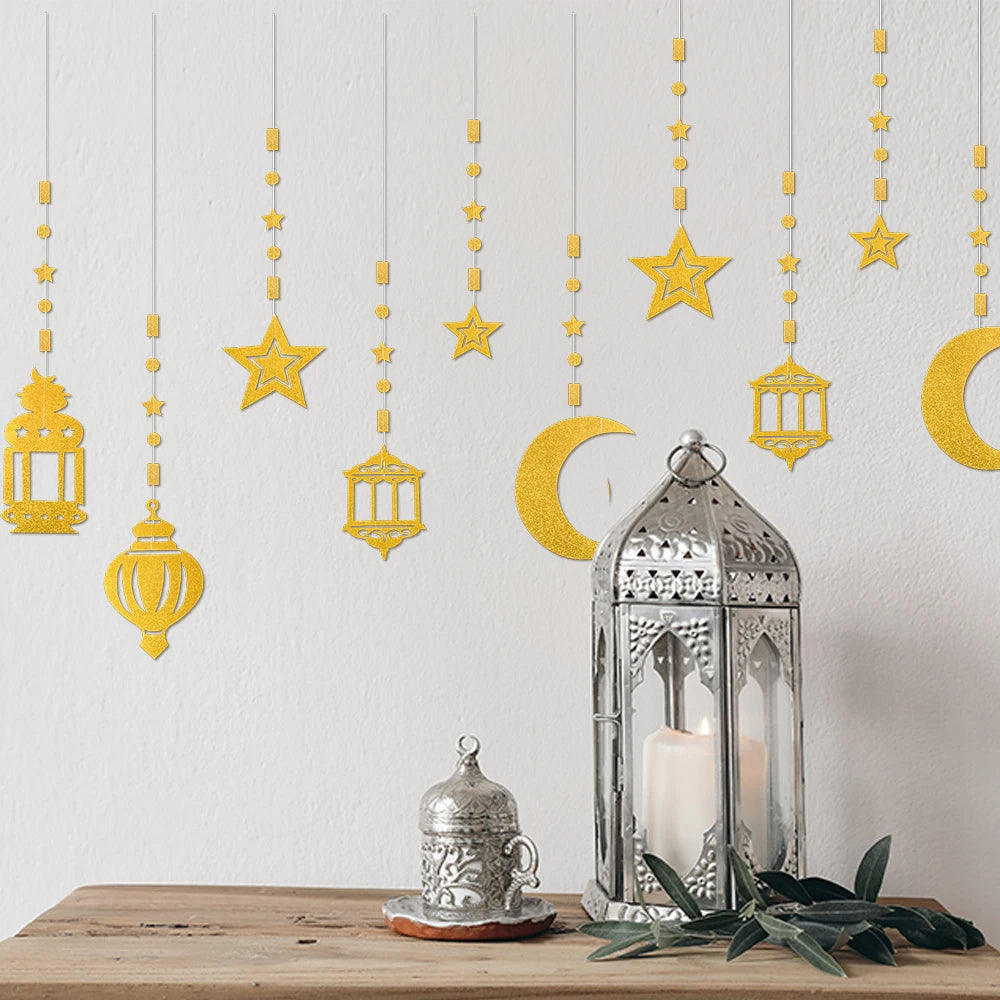 EID Mubarak Swirl Banner Gold Star Moon Lantern Ceiling Hanging Streamer Ornament Ramadan Decor 2025 Islam Muslim Party Supplies