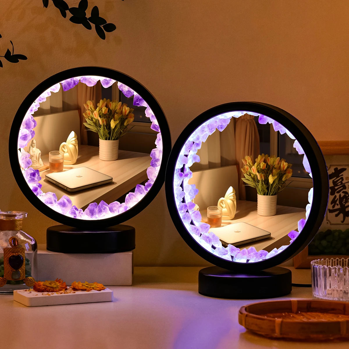 Natural Crystal Circular Mirror Night  Lamp