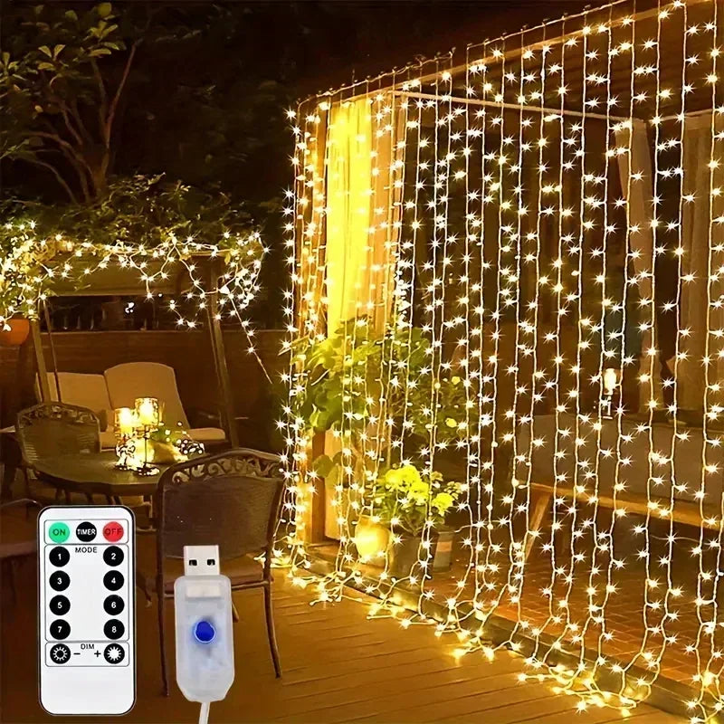 3/6M LED Curtain Garland Fairy String Lights Christmas Holiday Party Wedding Decoration USB Remote 8 Modes Waterfall Lighting