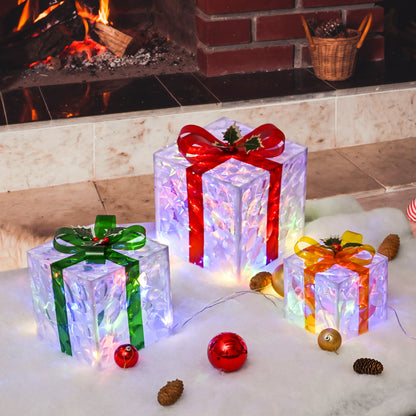 Set of 3 Christmas 48 LED Lighted Gift Boxes Transparent Four Color Lighted Christmas Box Decrations