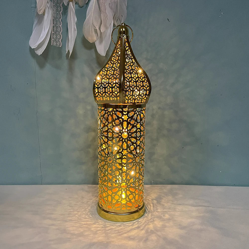 Moroccan Golden Hollow Iron Lantern Ramadan Home Decor Light Ornaments Hanging Lamps Outdoor Yard Garden Art Decoration