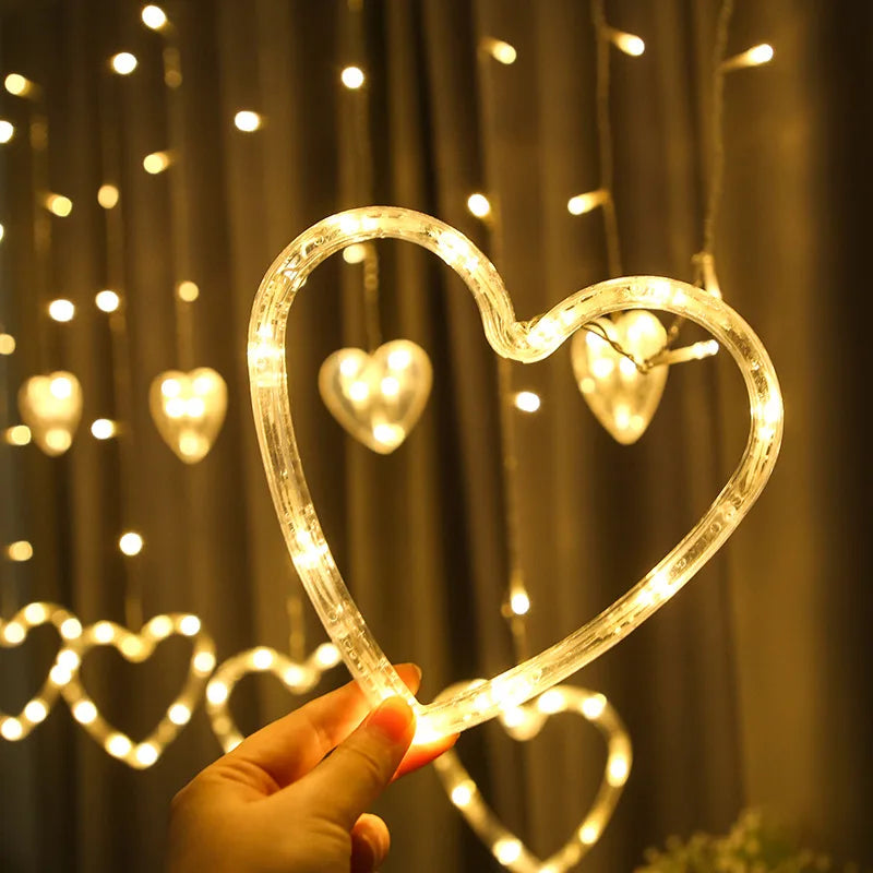 Garland Curtain EU/US Led Heart Shaped Christmas Ramadan Decoration Fairy String Lights for Party Home Wedding New Year Decor