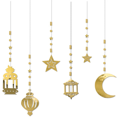 EID Mubarak Swirl Banner Gold Star Moon Lantern Ceiling Hanging Streamer Ornament Ramadan Decor 2025 Islam Muslim Party Supplies