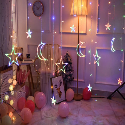 Ramadan Decoration 2025 Star Moon Curtain Garland String Light Aid EID Mubarak for Home Arabic Islam Muslim Event Party Supplies