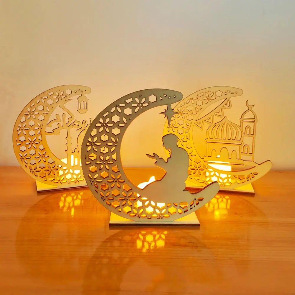 Party Decor Muslim Wooden Kareem Ramadan EID Mubarak Islamic Candles Light