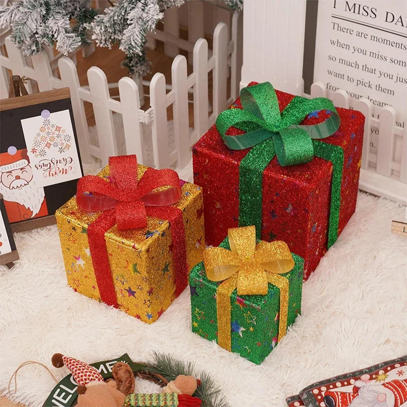 3Pcs/Set LED Christmas Gift Box Light Battery Powered Festive Decor Gift Case Home Outdoor Christmas Xmas Tree Wedding Ornament