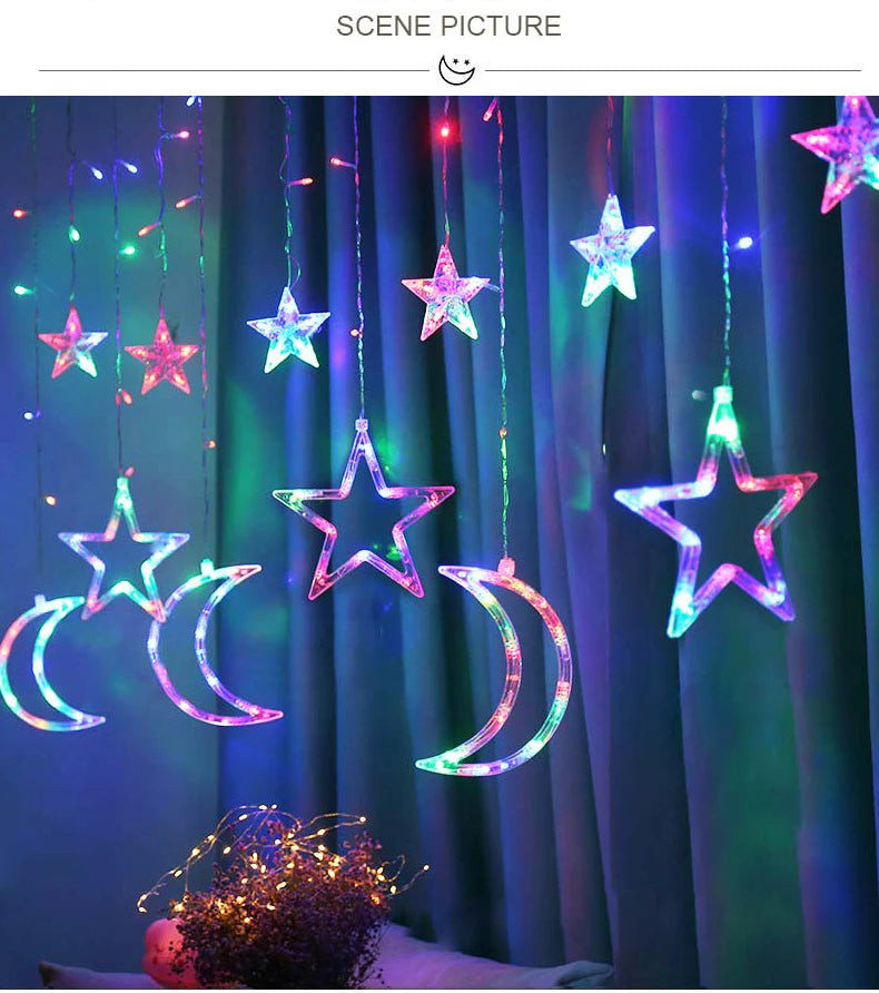 3.5M Romantic Moon Star LED Curtain String Christmas Garland Fairy Light Outdoor Garden Wedding Christmas Holiday Home Decor